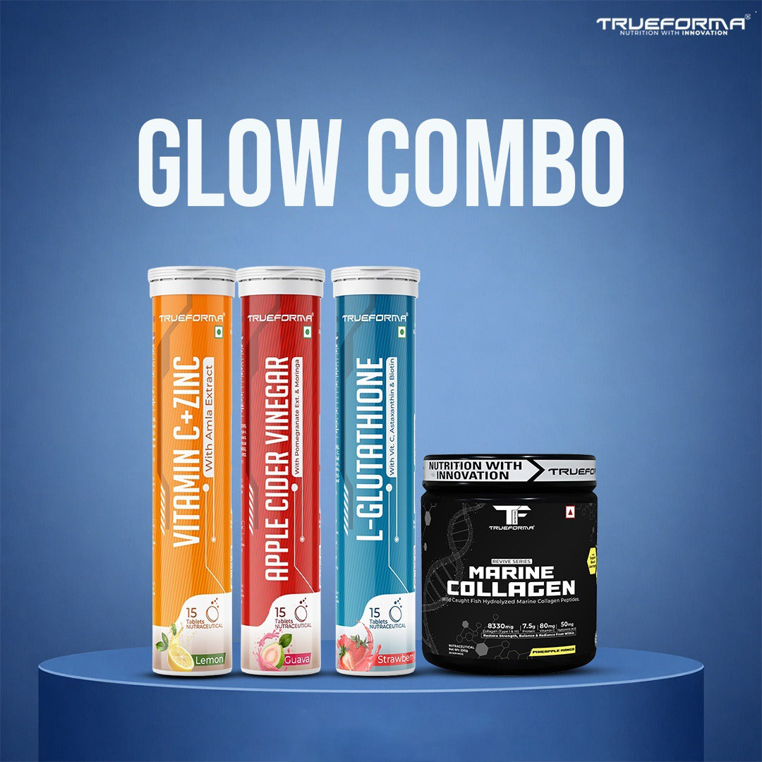 Trueforma Glow Combo | Vitamin C+Zinc, ACV, L-Glutathione & Marine Collagen | Inside-Out Skin & Wellness Stack