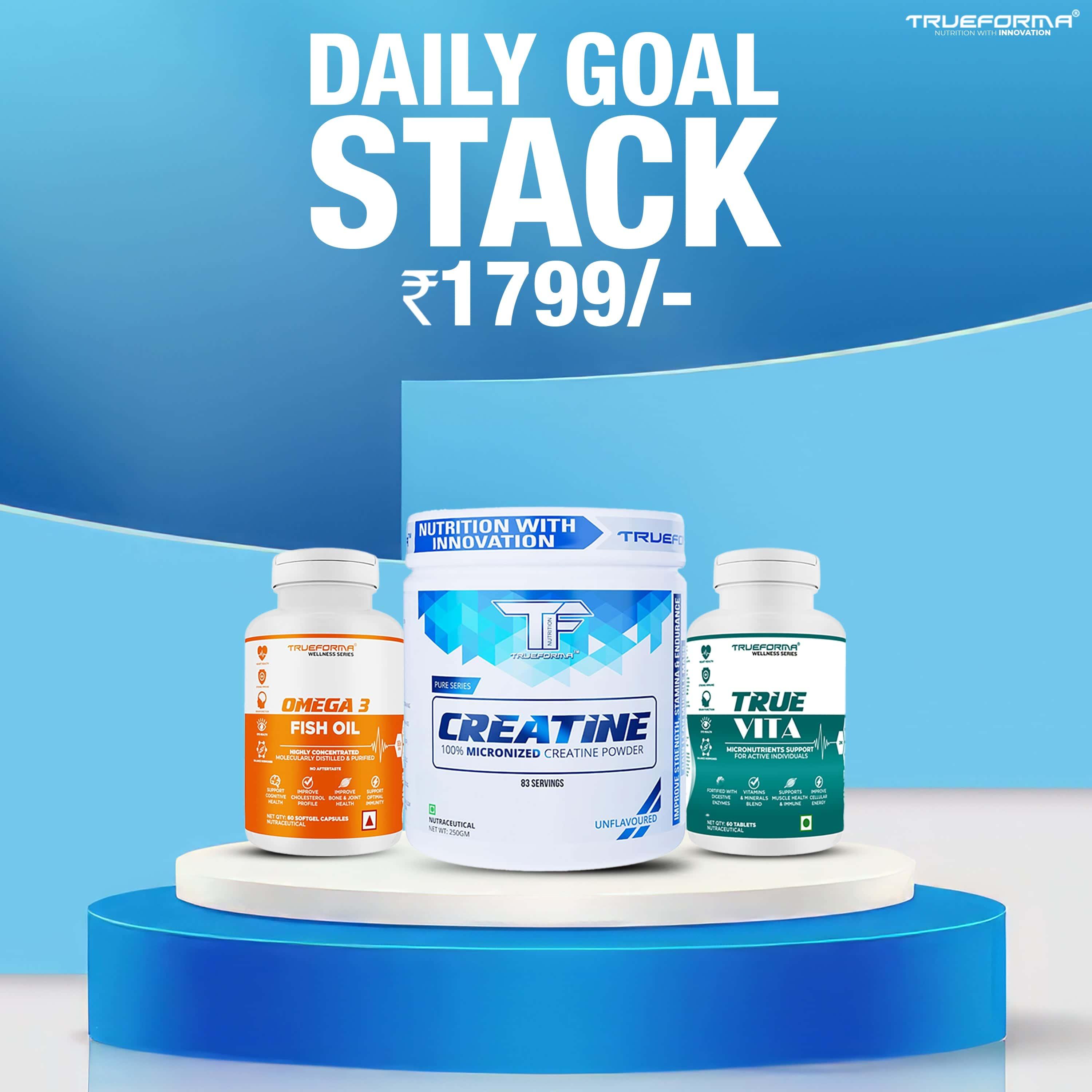 Trueforma® Daily Goal Stack – Comprehensive Wellness & Fitness Support Creatine, Multivitamins & Omega 3 – The Ultimate