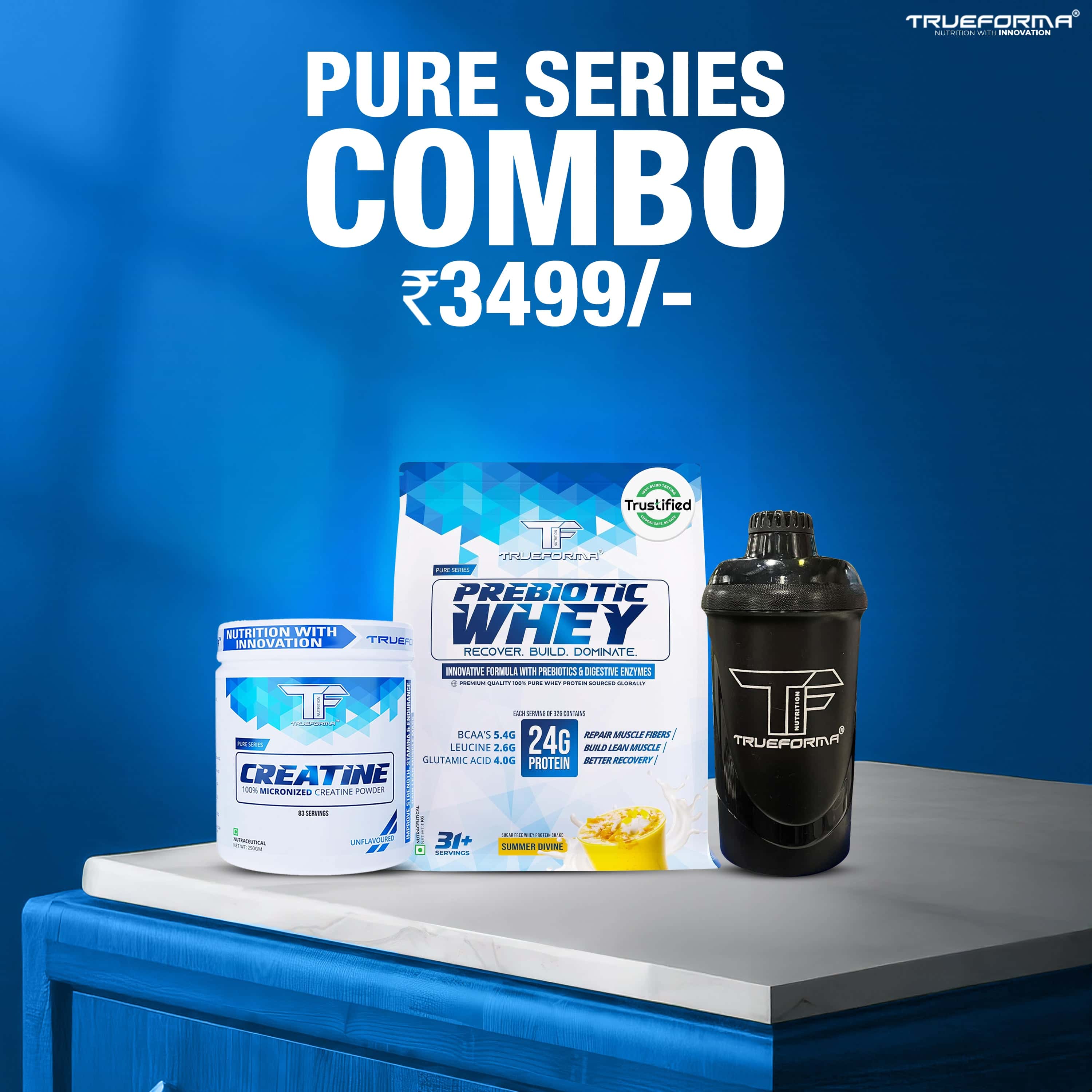 Trueforma® Pure Combo: Whey Protein with Prebiotics & Enzymes, Creatine + Free Shaker
