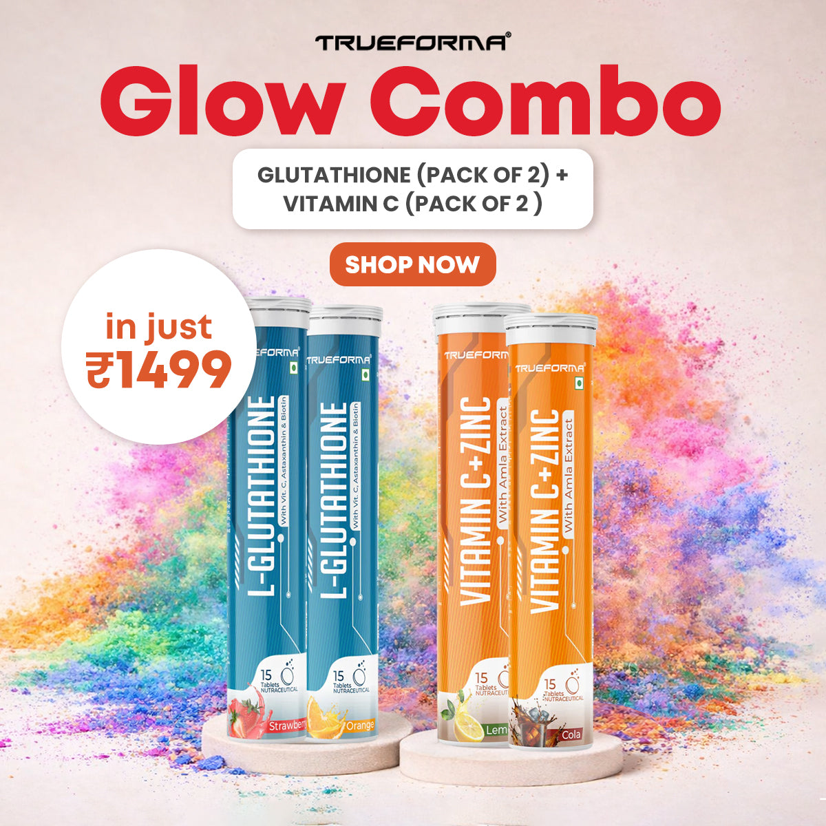 Trueforma® GLOW Combo - L- Glutathione & Vitamin C + Zinc (Pack of 2 Each) | Effervescent Tablets