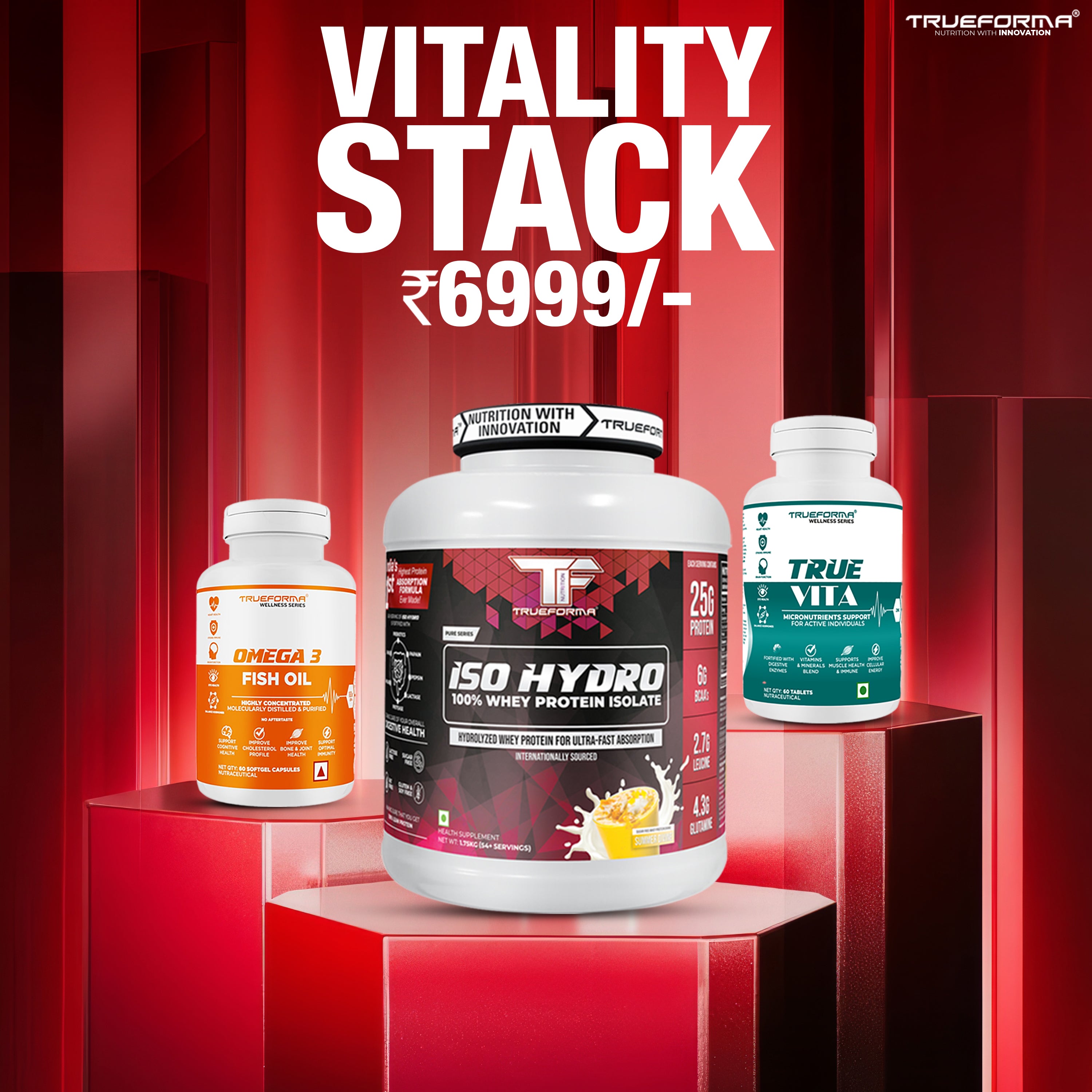 Trueforma® Vitality Stack: ISO Hydro, Omega 3 & True Vita Multivitamins